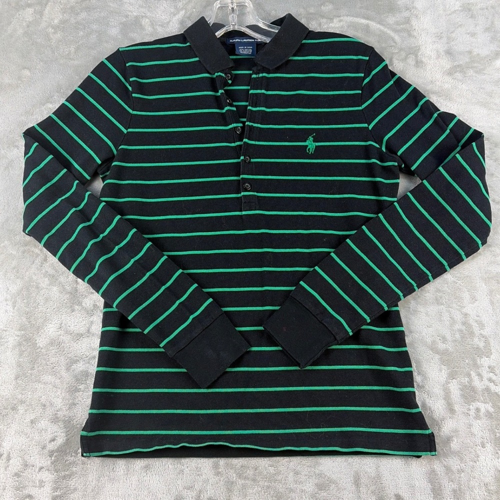 Ralph Lauren Golf Mens M Long Sleeve Polo Shirt Black Green Striped Cotton Blend